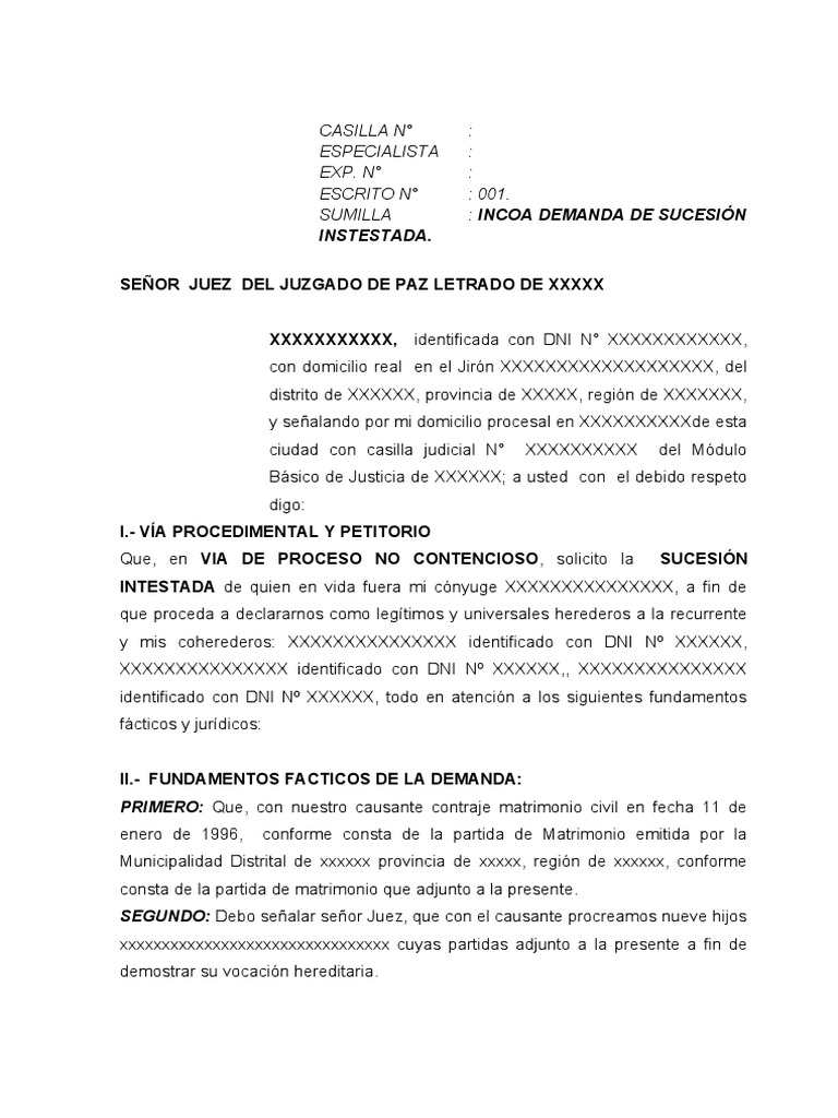 Demanda de Sucesión Intestada | PDF | Herencia | Voluntad y testamento