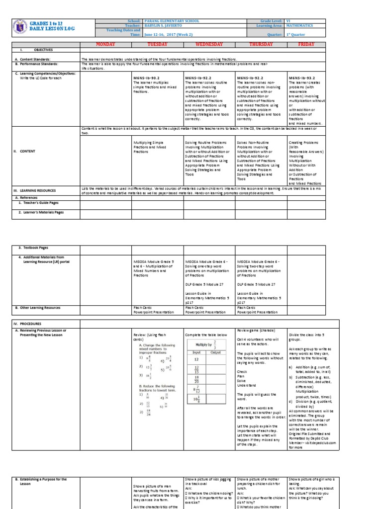 Mathematics Lesson Plan: Fractions | PDF | Multiplication | Subtraction