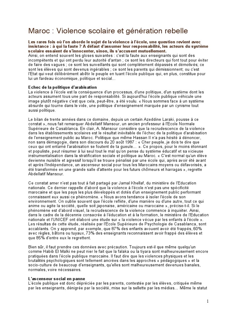 Violence scolaire au Maroc : enjeux et causes | PDF | La violence | Maroc