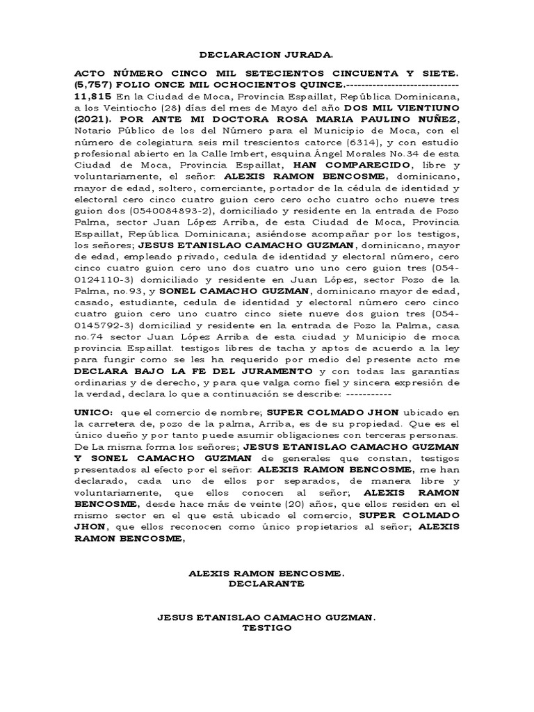 Declaración Jurada de Propiedad Comercial | PDF | Justicia | Crimen y ...