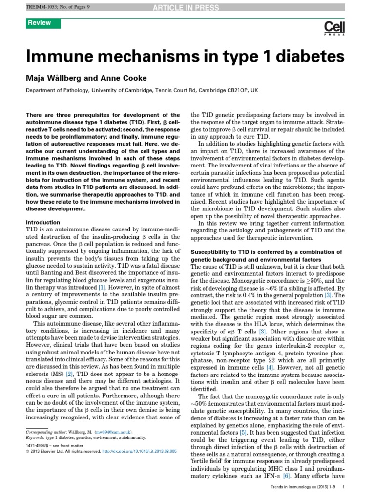 Immune Mechanisms in Type 1 Diabetes | PDF | Cytotoxic T Cell | T ...