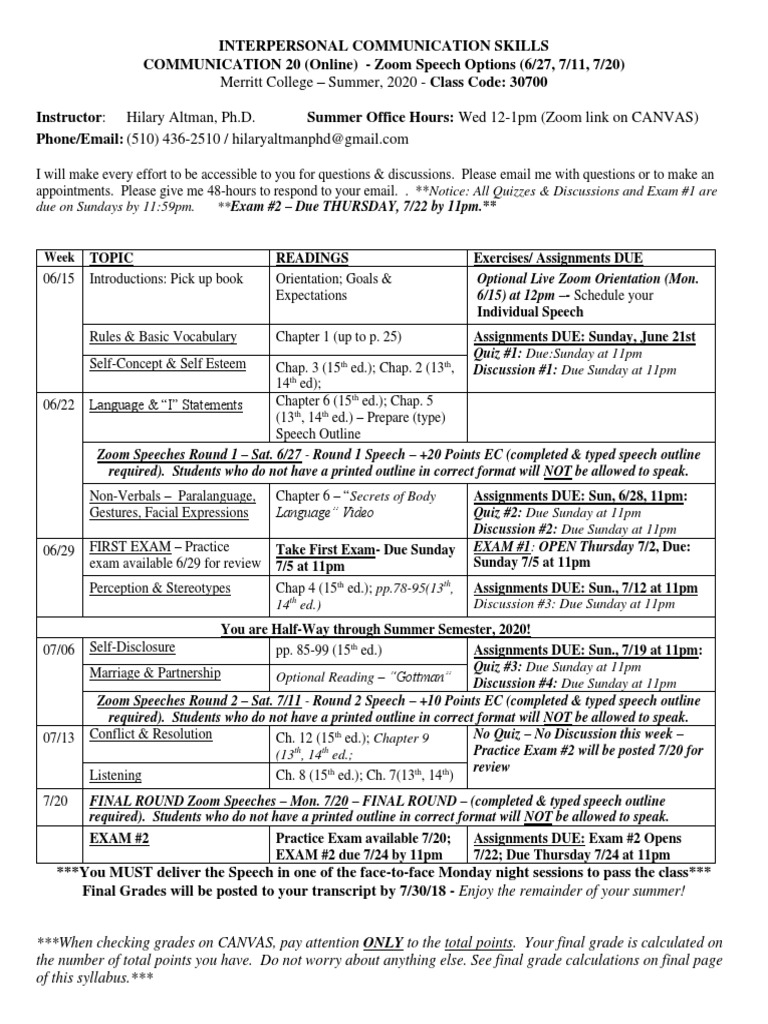 Merritt College Summer, 2020 Class Code 30700 Due On Sundays by 1159pm. Exam 2 Due