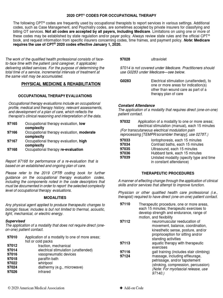 2020 Selected Occupational Therapy CPT Codes PDF Occupational