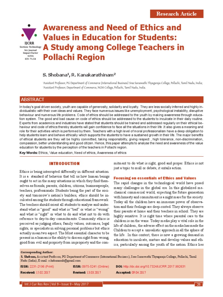 Ethics and Values in Education Awareness | PDF | Value (Ethics ...