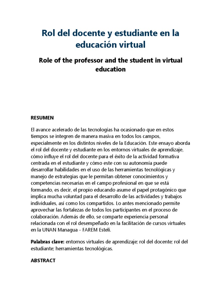 Rol Del Docente y Estudiante en La Educación Virtual | PDF ...