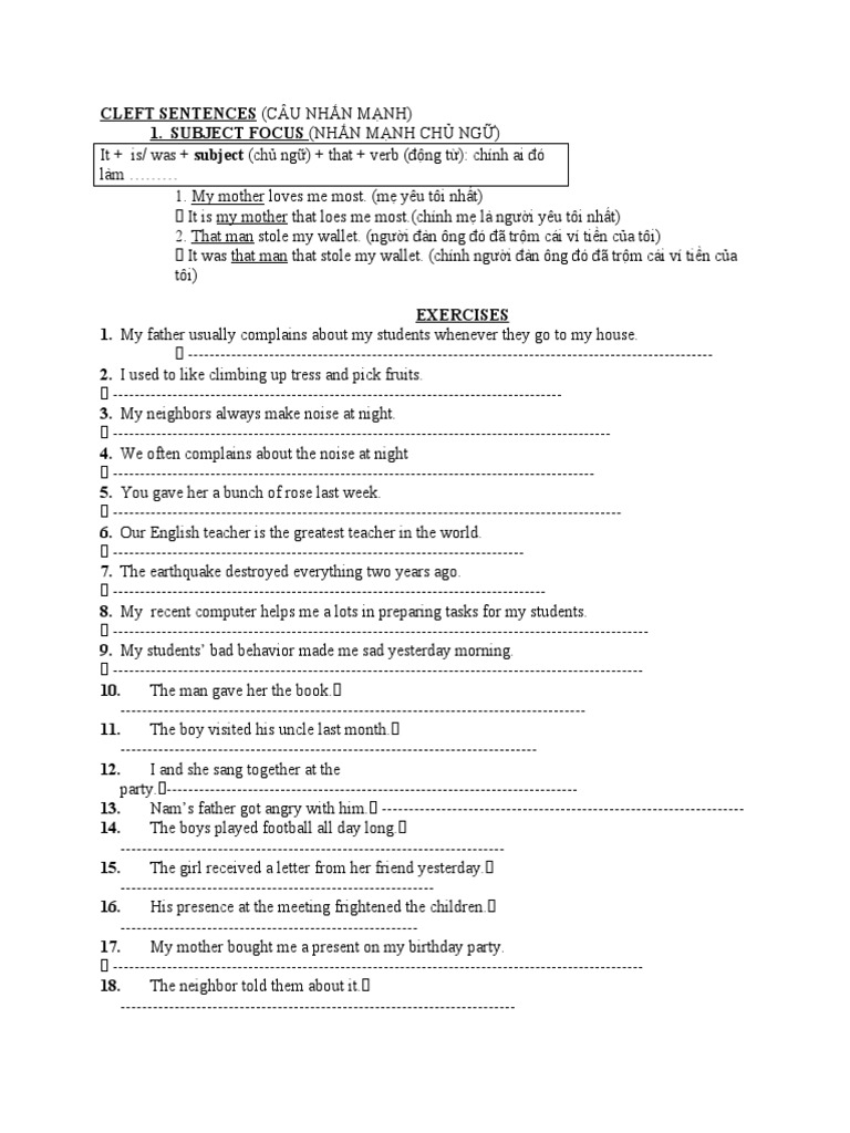 Bai Tap CLEFT SENTENCES CAU NHAN MANH | PDF