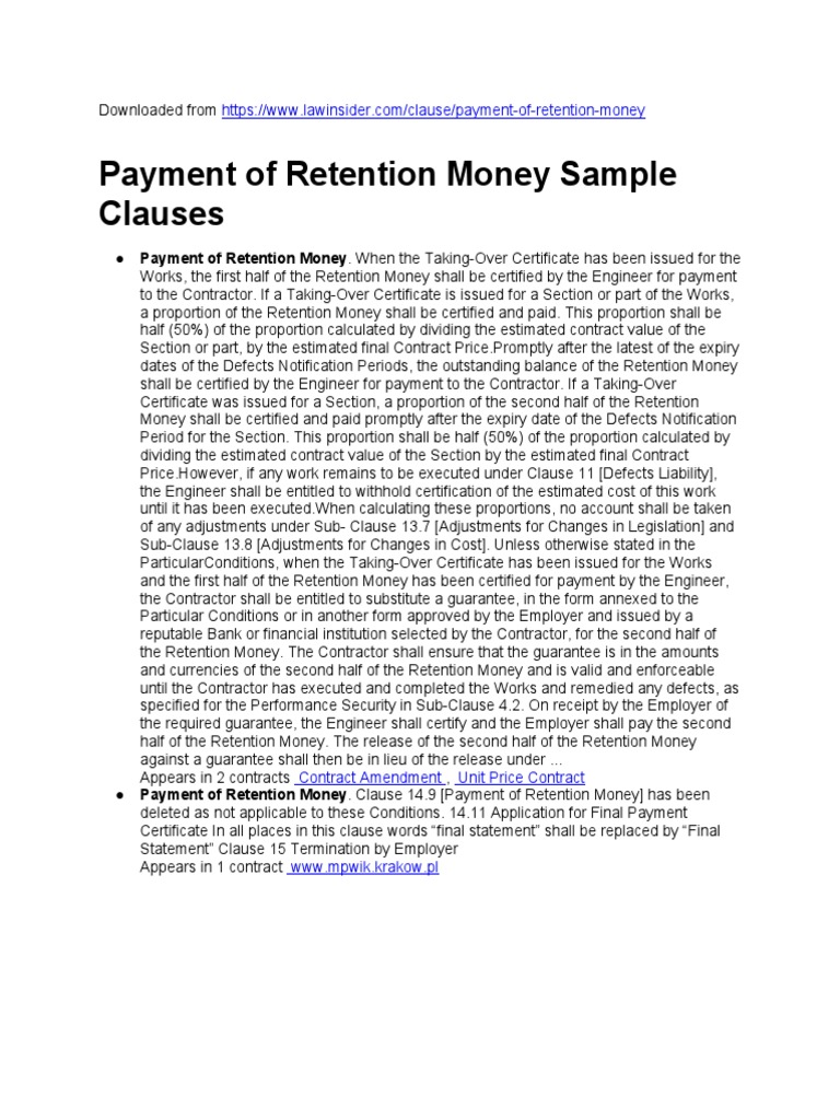Law Insider Payment of Retention Money Clause PDF Guarantee Money