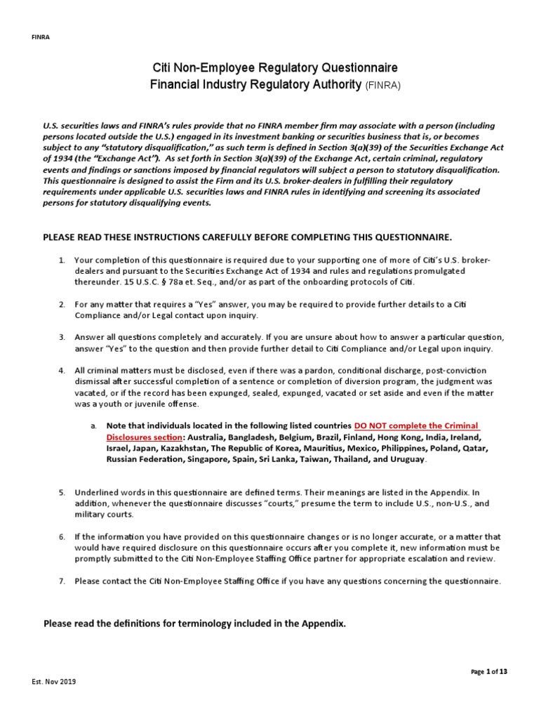 Citi Non-Employee Regulatory Questionnaire Financial Industry ...