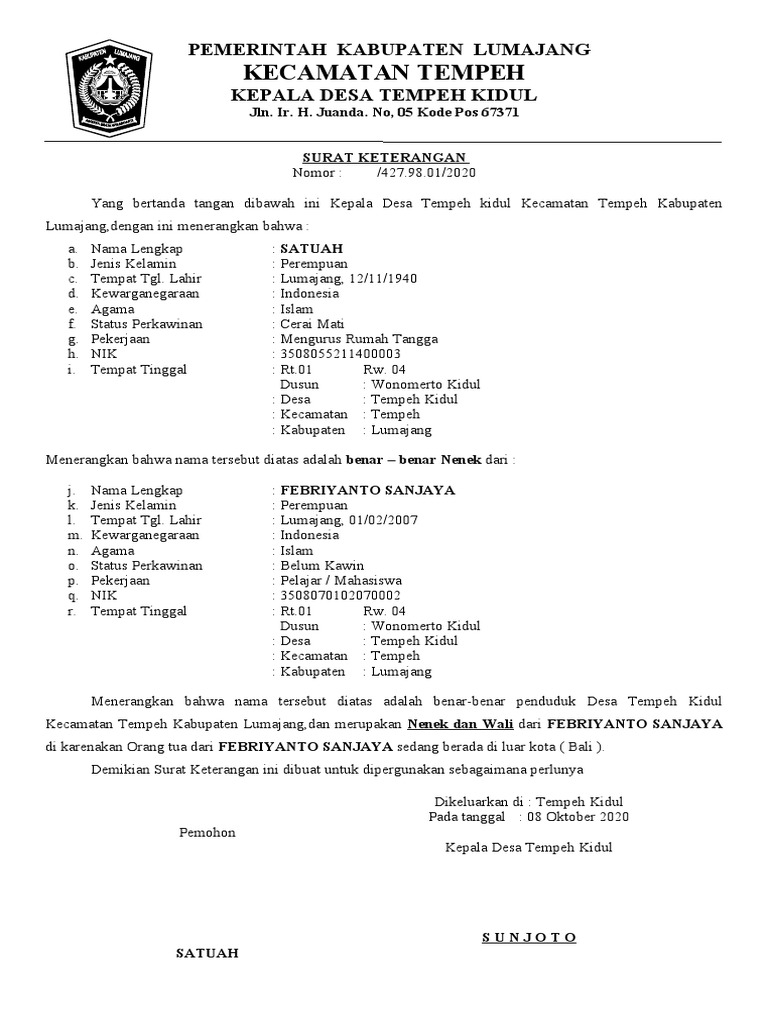 Surat Keterangan KTP Sementara Tempeh | PDF