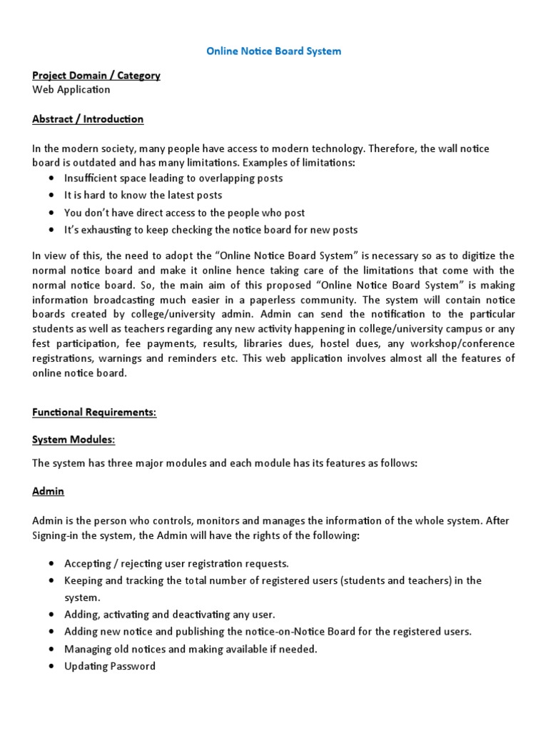 Project Domain / Category Online Notice Board System Download Free