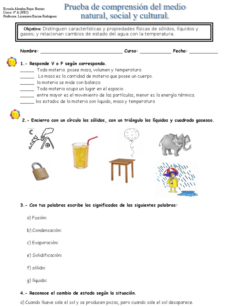 Resultado de imagen para evaluacion de la materia sus propiedades y estados