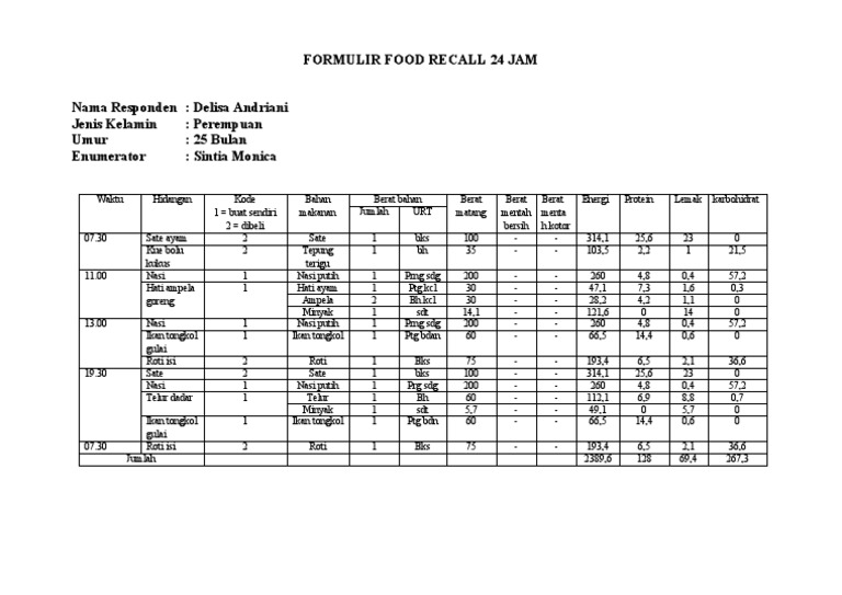 Formulir Recall Makanan 24 Jam | PDF