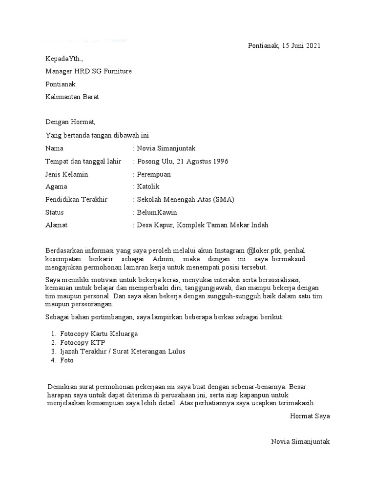 Surat Lamaran Kerja SG Furniture PDF