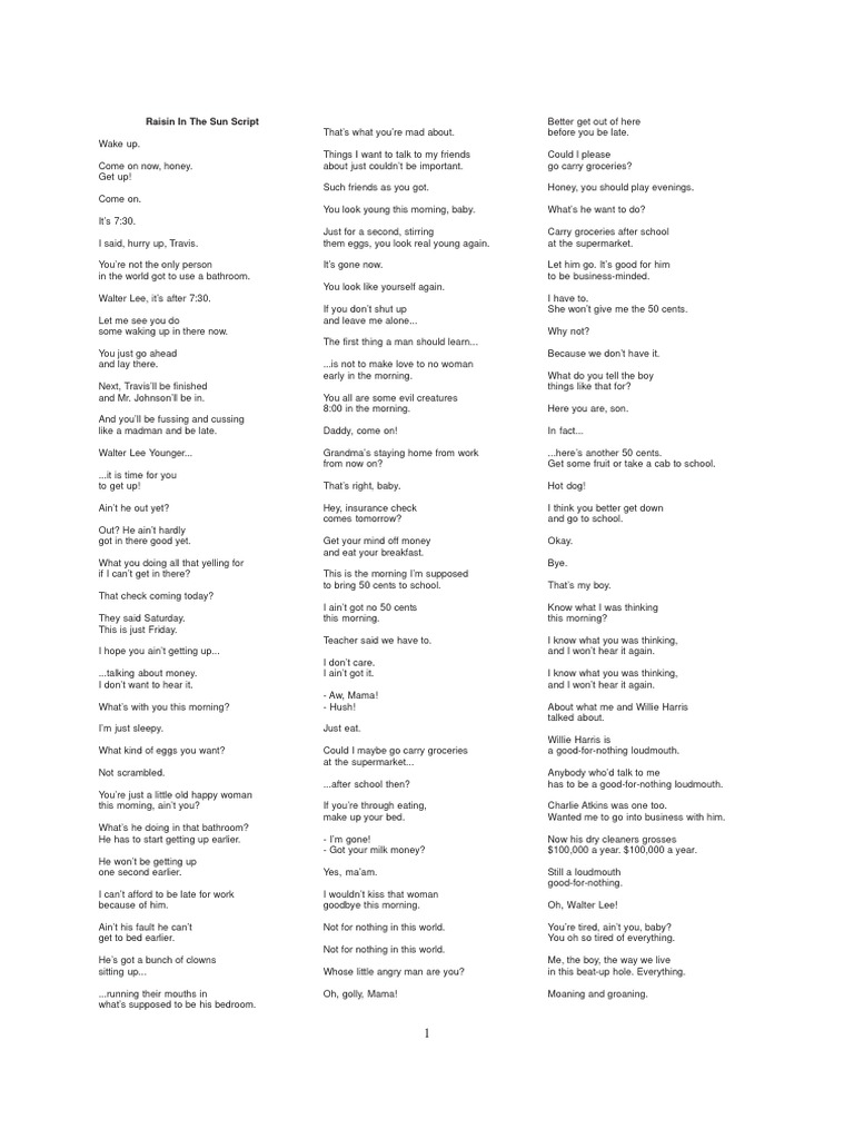 Hansberry, Lorraine ''A Raisin in The Sun'' Script's Dialogue | PDF