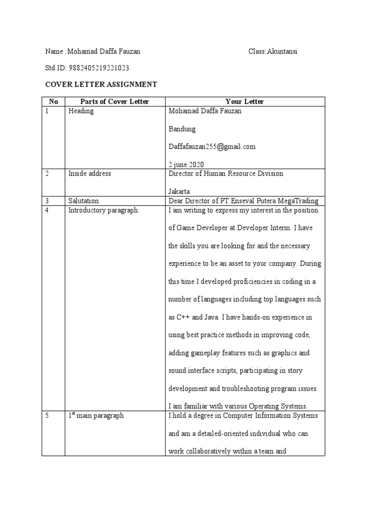 Cover Letter Assignment No Parts of Cover Letter Your Letter | PDF ...