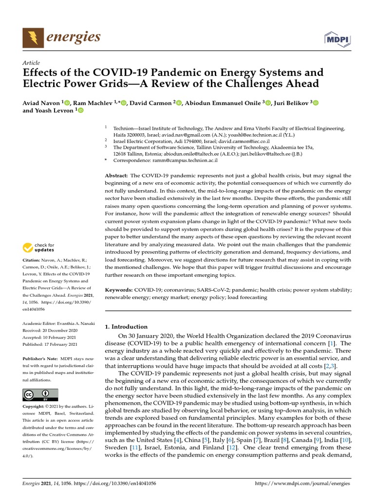 Energies: Effects of The COVID-19 Pandemic On Energy Systems and ...