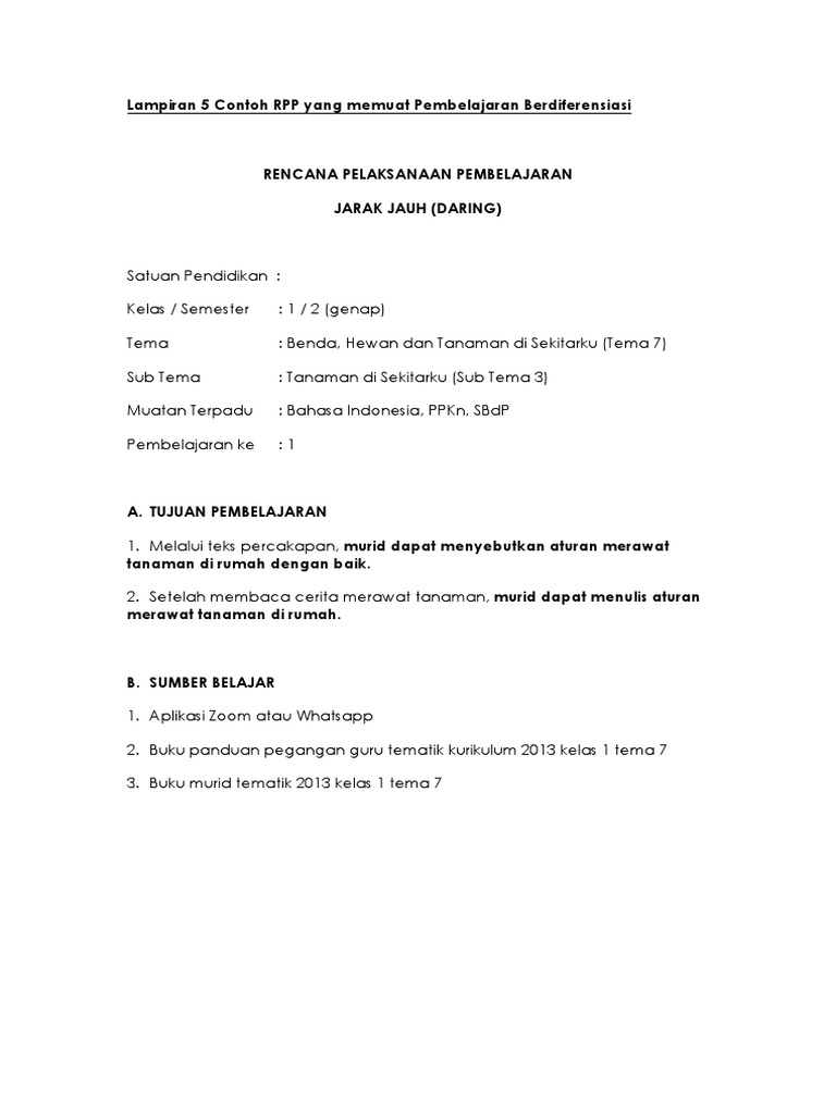 Contoh RPP Yang Memuat Pembelajaran Berdiferensiasi | PDF | Seni ...