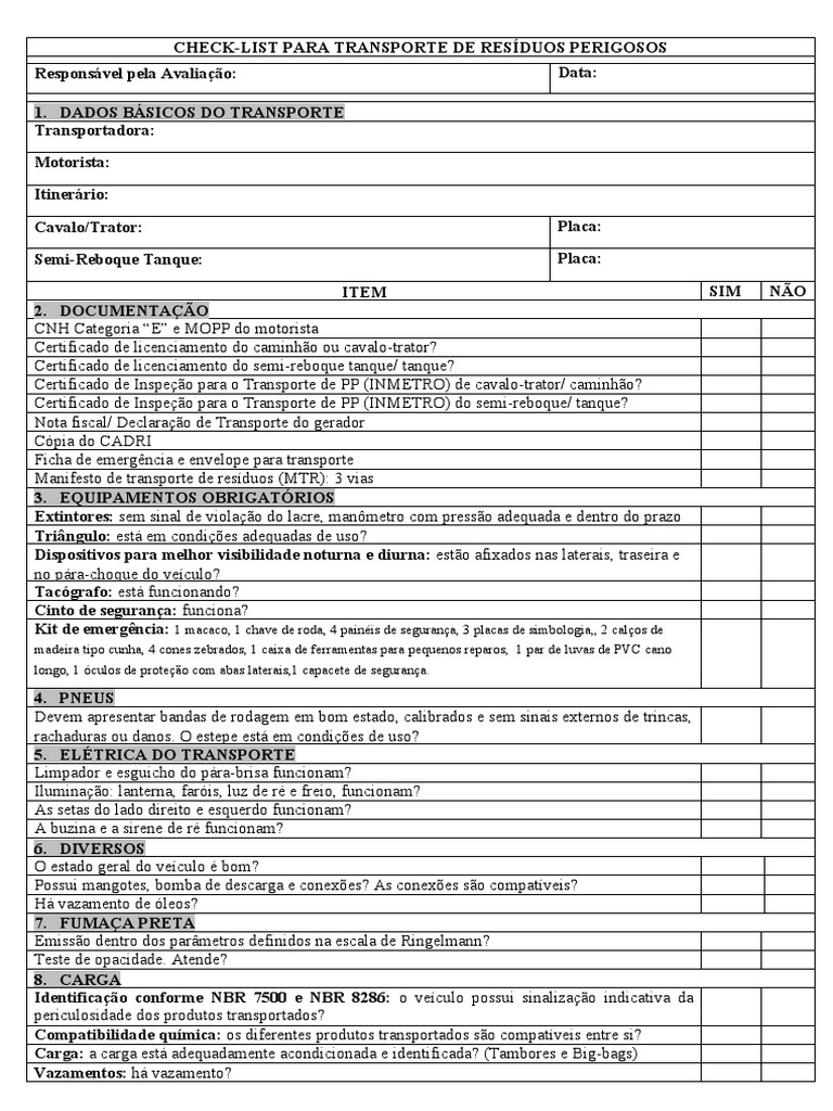 Check-list completo para avaliação de transporte de resíduos perigosos ...
