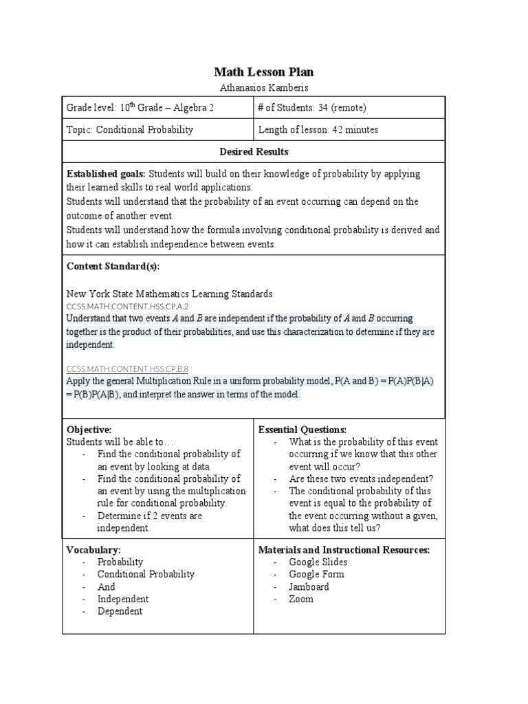 Conditional Probability-Lesson Plan | PDF | Probability | Teaching ...