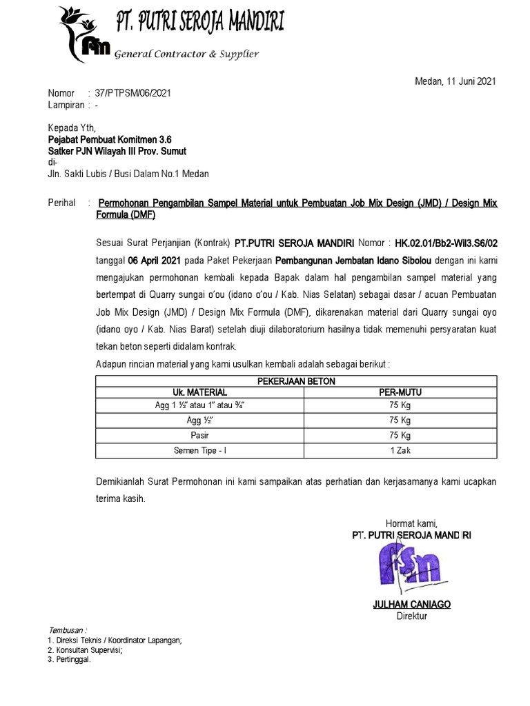 SURAT PERMOHONAN PENGAMBILAN SAMPLE MATERIAL Ke 2 | PDF