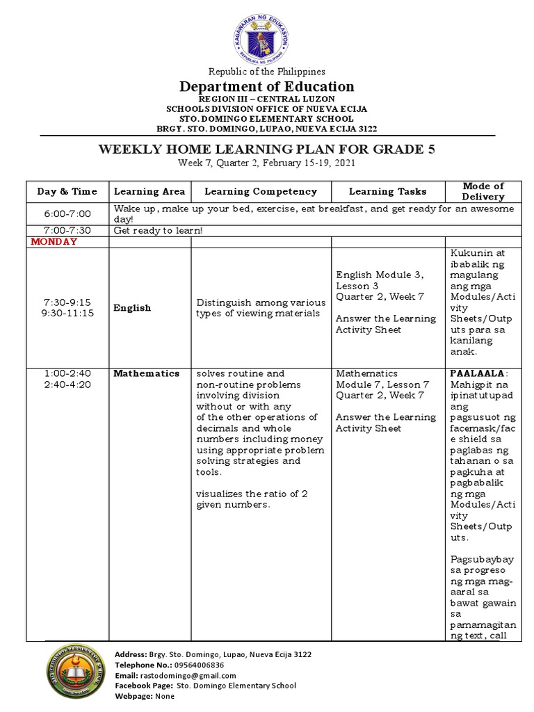 Grade 5 Weekly Learning Plan - Week 7 | PDF | Behavior Modification ...