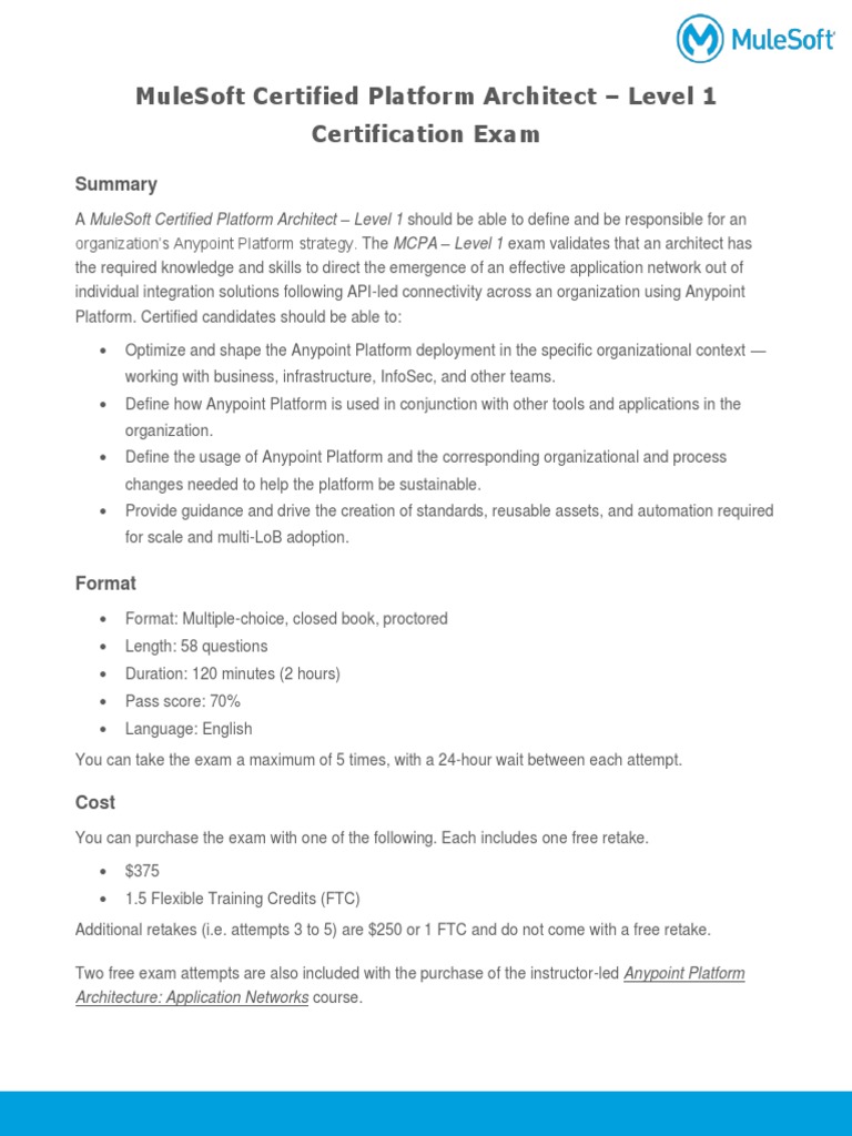 Mulesoft Certified Platform Architect Level 1 Certification Exam