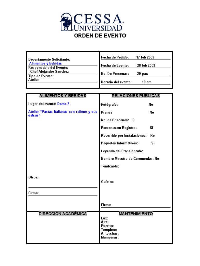 Orden de Servicio para Atelier de Eventos | PDF