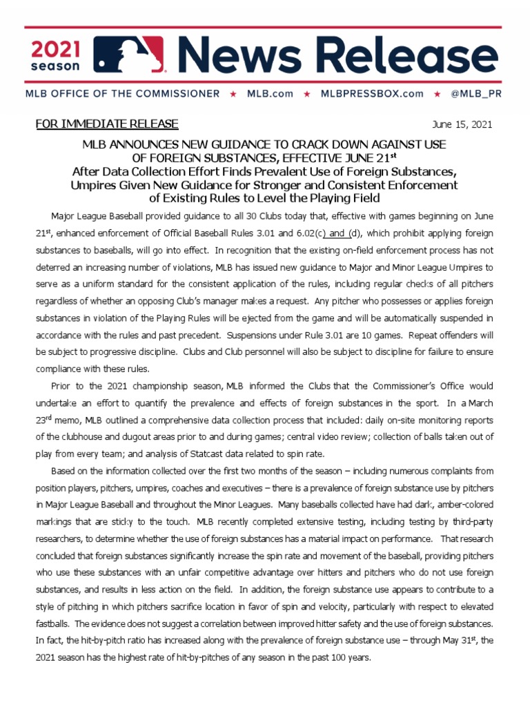 MLB Memo On Foreign Substances PDF Pitcher Major League Baseball