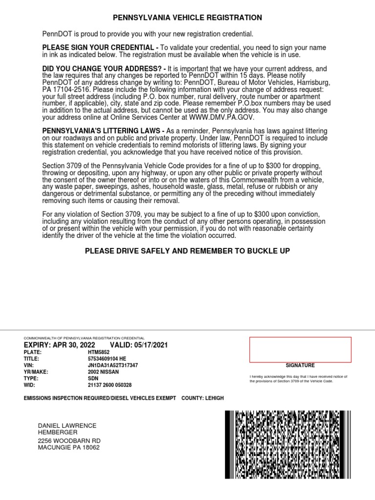 Pennsylvania Vehicle Registration: Daniel Lawrence Hemberger 2256 ...