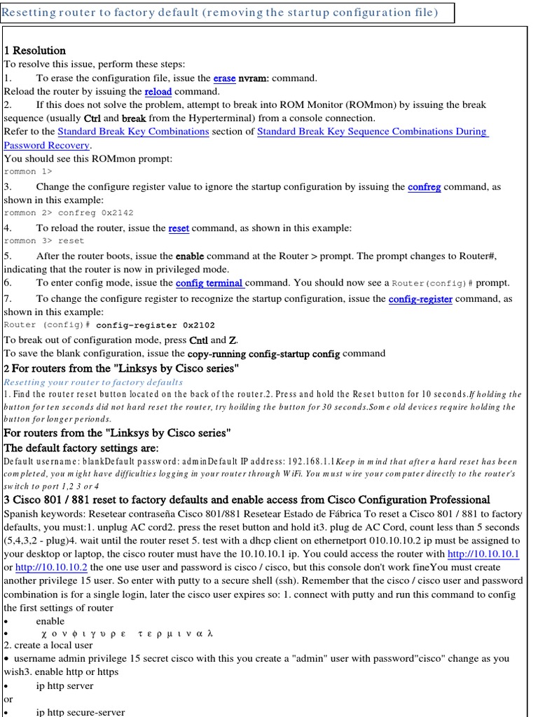 Cisco Router Factory Reset Guide | PDF | Ip Address | Booting