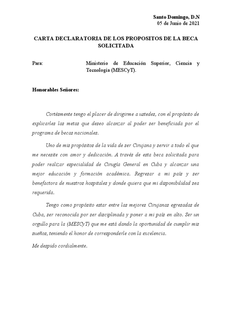 Carta Declaratoria de Los Propositos de La Beca Solicitada  PDF