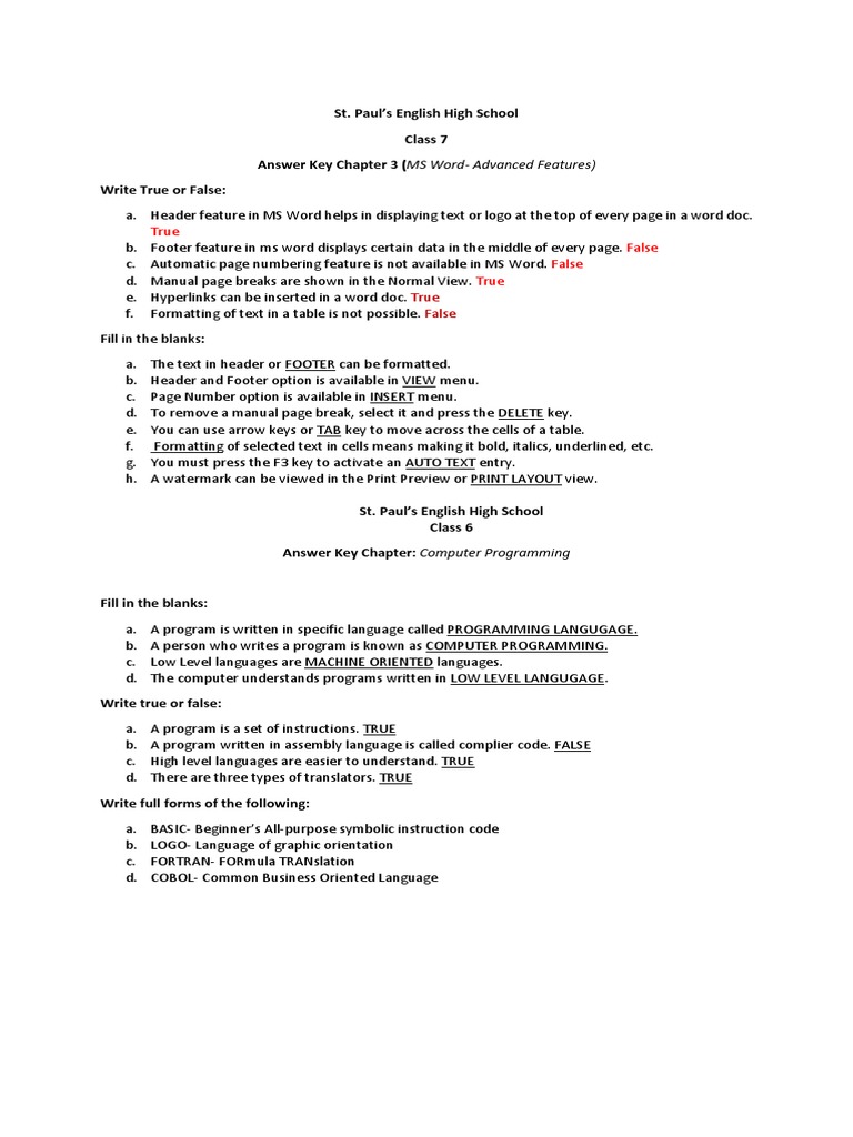 Class 7 Answer KEy PDF