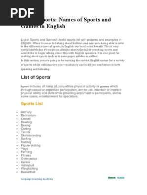 List Of Sports Pdf Sports Hobbies