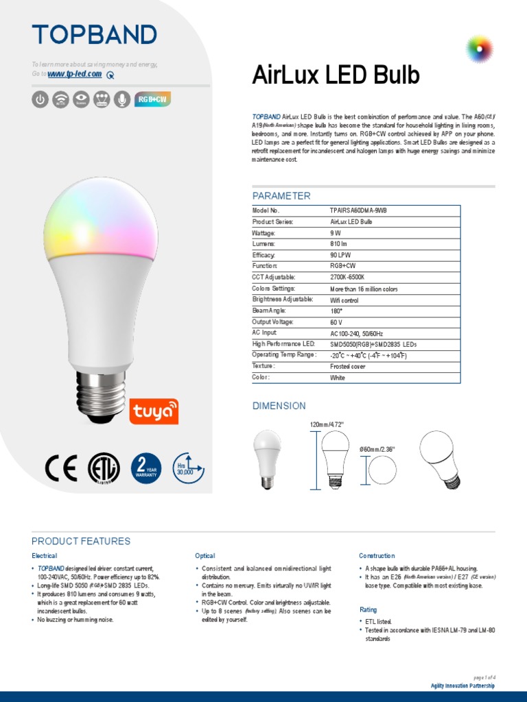 Topband AirLux LED Bulb Specification 20200914 PDF Incandescent