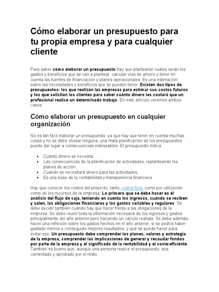 Cómo elaborar un presupuesto empresarial | PDF | Presupuesto ...