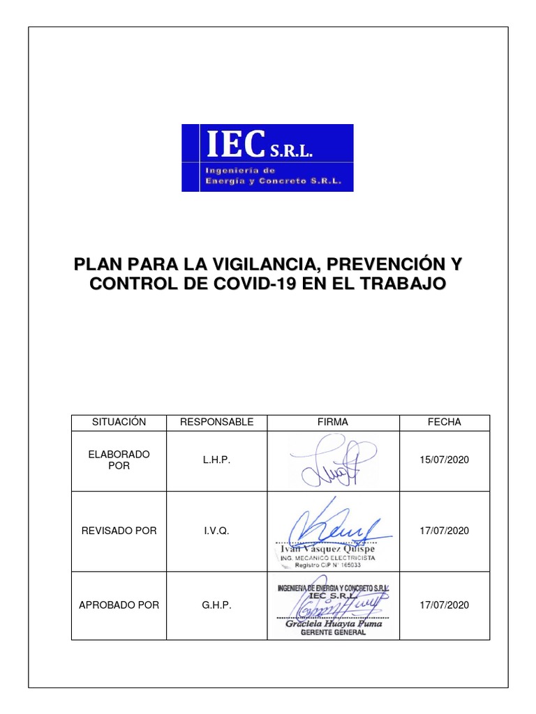 Plan COVID-19 IEC S.R.L. en Trabajo | PDF | Lavado de manos | Condicion ...