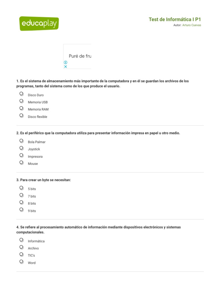 Test de Informática Básica P1 | PDF | Archivo de computadora | Periférico