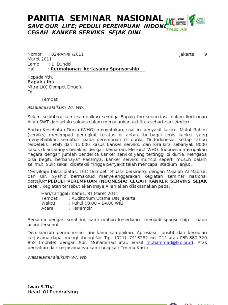 Contoh Surat Permohonan Surat Permohonan Kerjasama Sponsorship