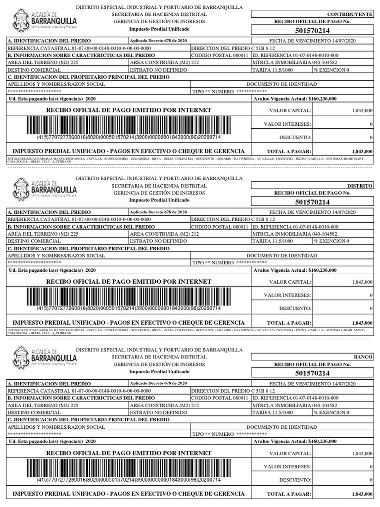 Recibo Predial Barranquilla 2020 | PDF | Finanzas del gobierno | Impuestos