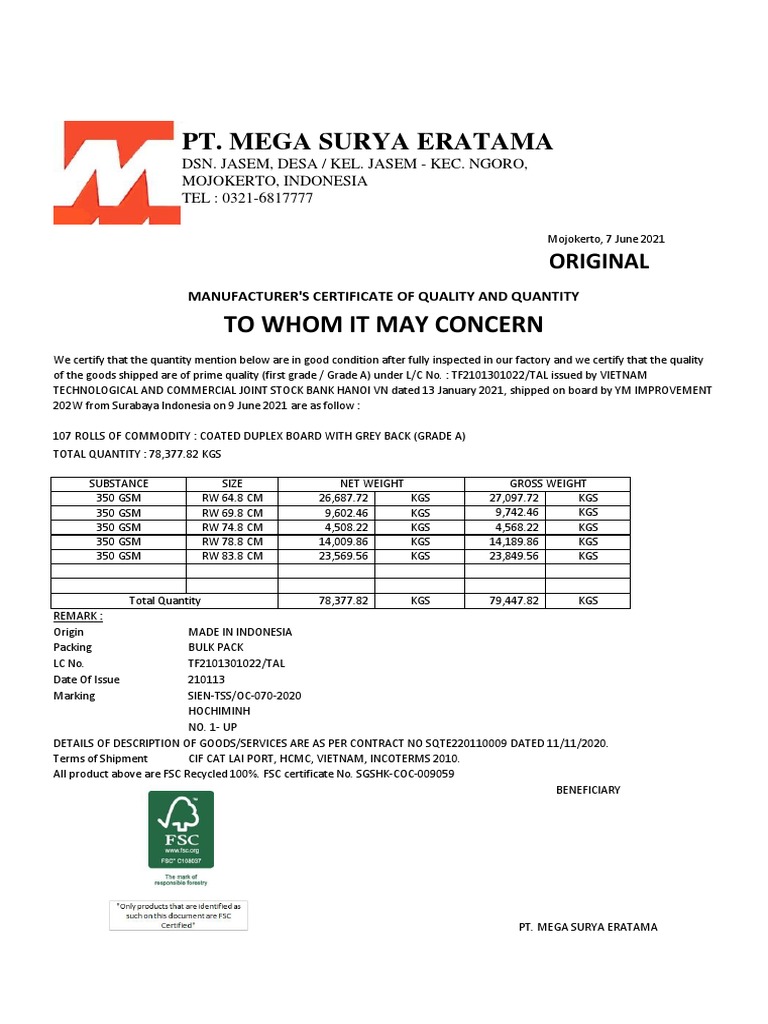 Certificate Of Quality And Quantity