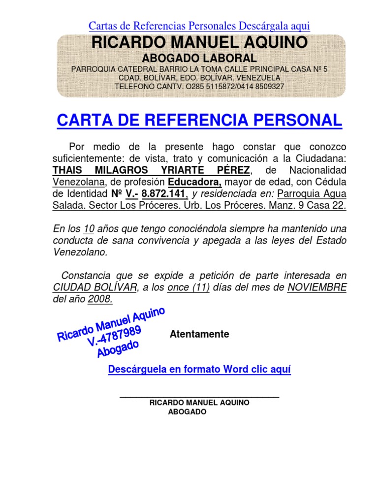 FORMATO MODELO EJEMPLO CARTA DE REFERENCIA PERSONAL