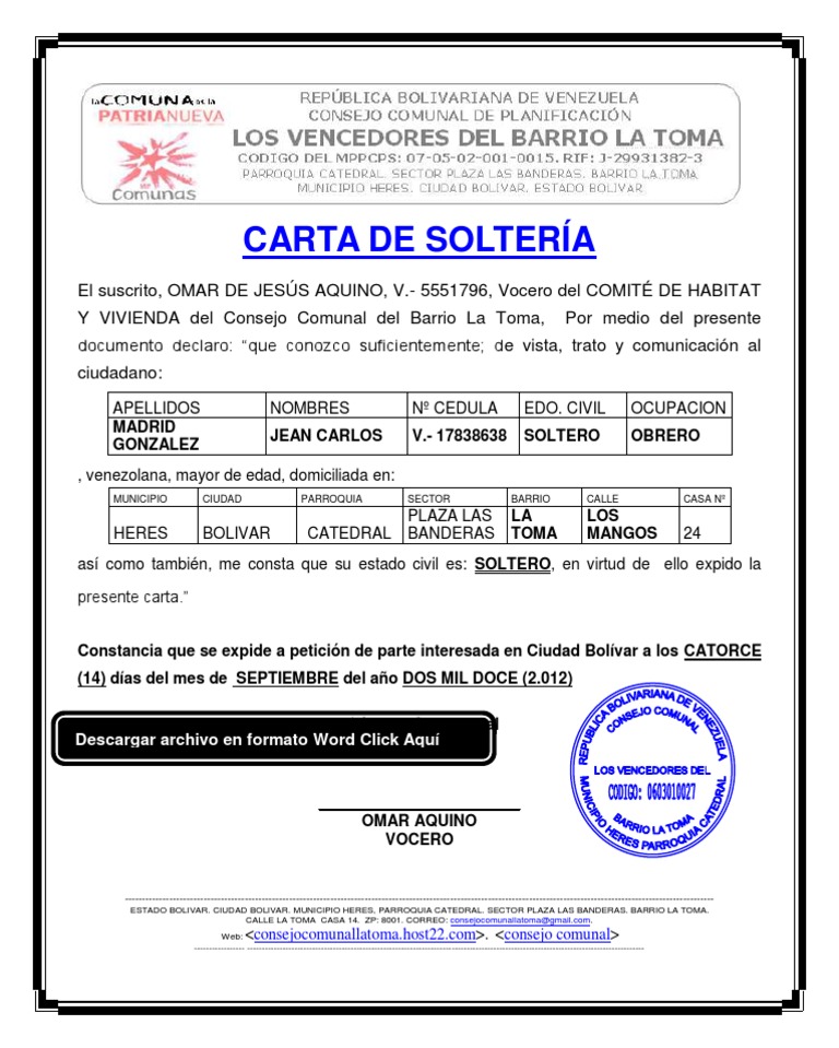 CONSEJO COMUNAL FORMATO MODELO EJEMPLO CARTA DE SOLTERÍA