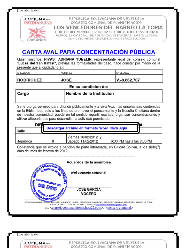 CONSEJO COMUNAL FORMATO DE CARTA DE RESIDENCIA