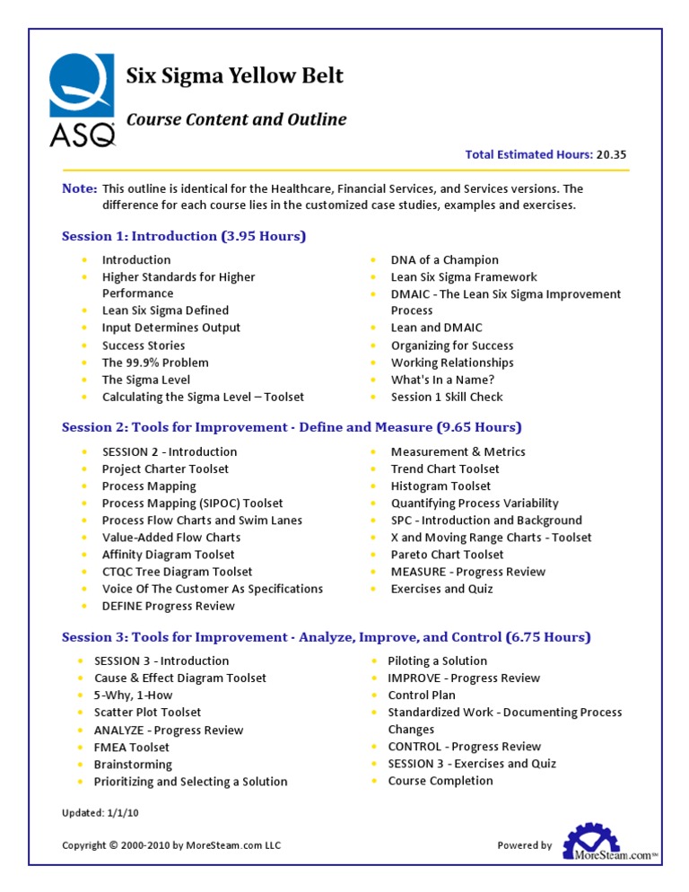 sixsigmayellowbeltoutline Six Sigma Technology