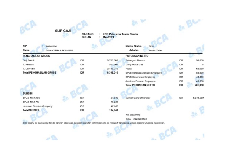 SLIP GAJI Bank BCA PDF