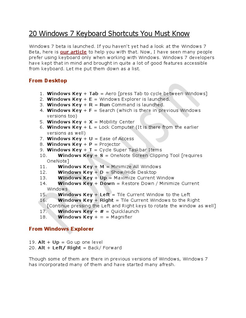 Essential Windows 7 Keyboard Shortcuts | PDF
