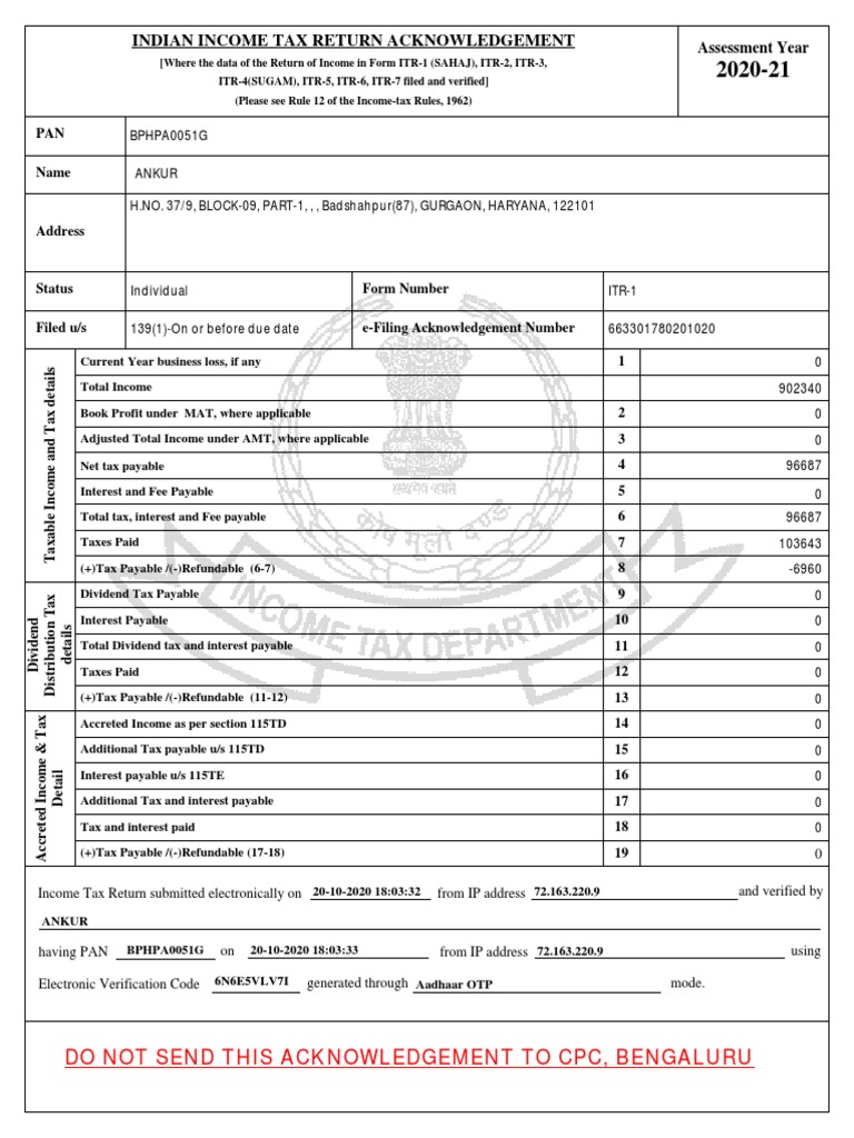 Indian Tax Return Acknowledgement Do Not Send This