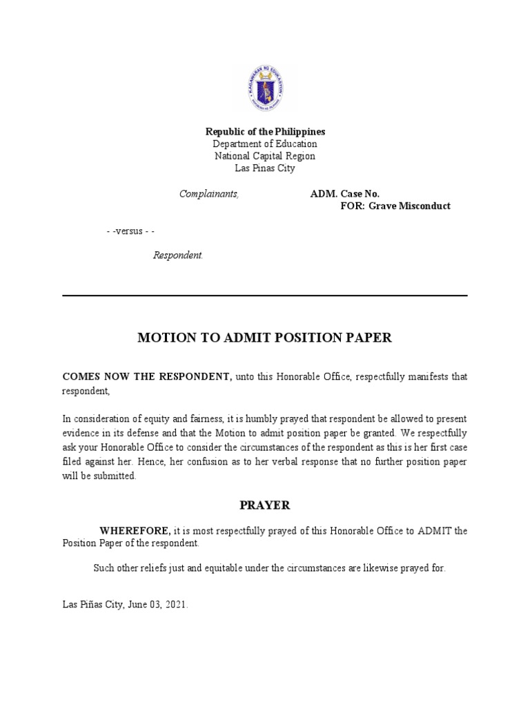 Motion to Admit Position Paper in an Administrative Case for Grave