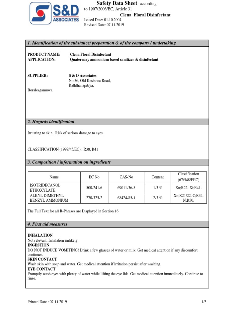 Clena Floral Disinfectant MSDS CERT PDF Dangerous Goods