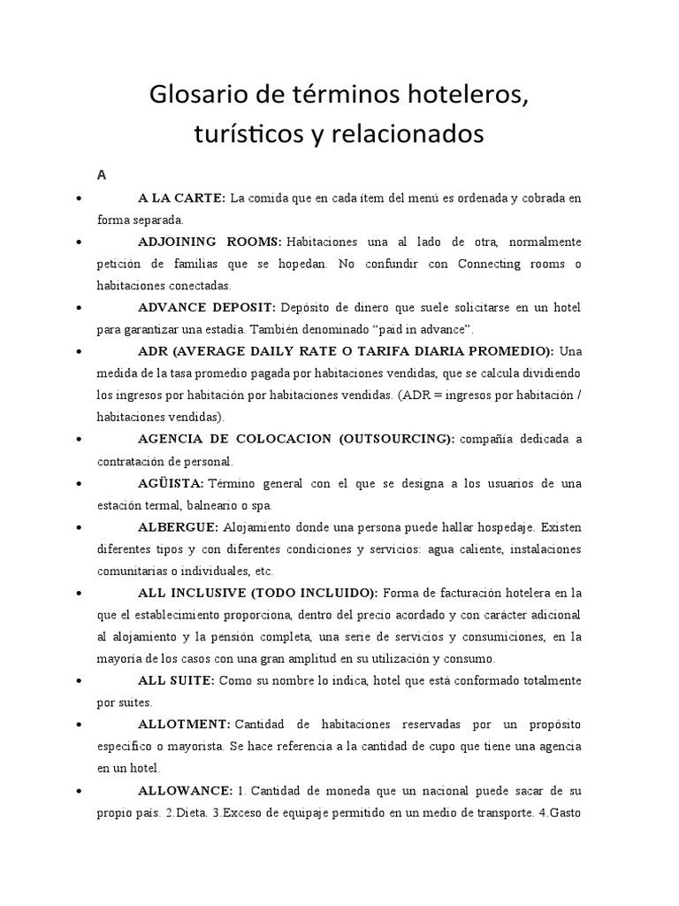 Glosario de Términos Hoteleros | PDF | Agencia de viajes | Hotel